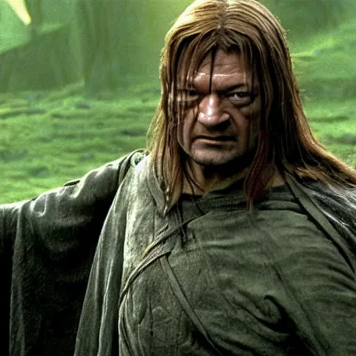 Image similar to boromir wearing the ring of power, demonic, as gollum in lord of the rings by peter jackson