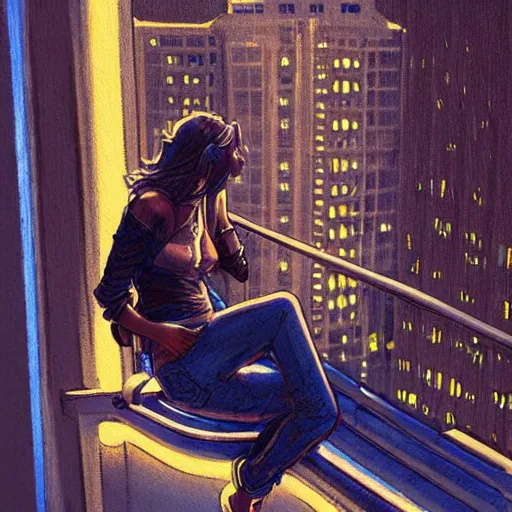 Image similar to a beautiful artwork of a woman in jeans and a white shirt sitting on the balcony of a hotel at night, top view, neon and rainy theme atmosphere by Jerome Opeña, featured on artstation