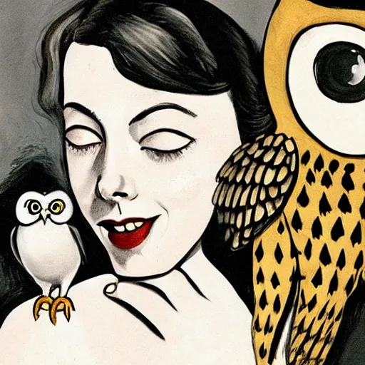 Prompt: emma stone with an owl, artwork by charles addams,