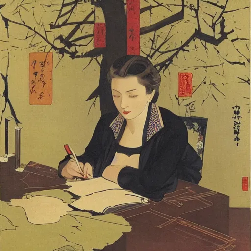 Prompt: portrait of mascha kaleko ( 1 9 4 0 ) writing poems, color hanafuda oil on canvas by ivan shishkin, james jean and yoji shinkawa