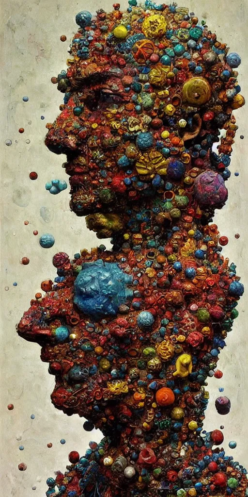 Image similar to a sculpture portrait made of bacteria and virus and molecules and atoms, painting part by wojciech siudmak, part by ilya repin, part by max ernst, part by norman rockwell, artstation