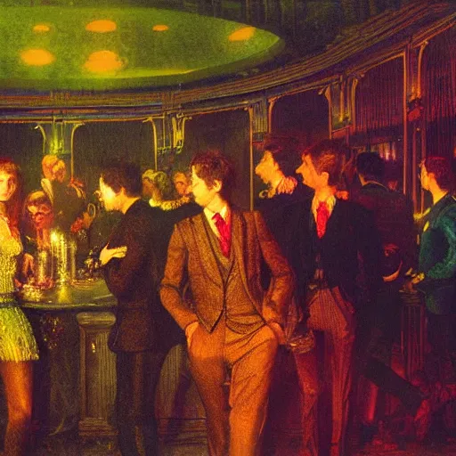 Prompt: young people in a fancy nightclub dancing and drinking, partylights, great colors, in the style of john atkinson grimshaw, trending on artstation