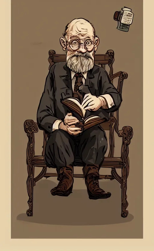 Image similar to old man, work, vintage dress, sittin, chair, book, gasmask, do what we can, then leave it to god, non fiction, stability, intricate, elegant, 8 k uhd, justify content center, artstation, concept art, matte, sharp focus, illustration, art by paul lung