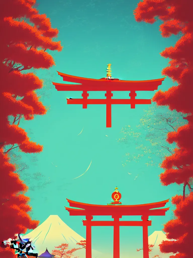 Prompt: a travel to japan poster illustration depicting a japanese torii gate, vintage style, detailed illustration, digital painting, vector art, trending on artstration, by anton fadeev, by alena aenami