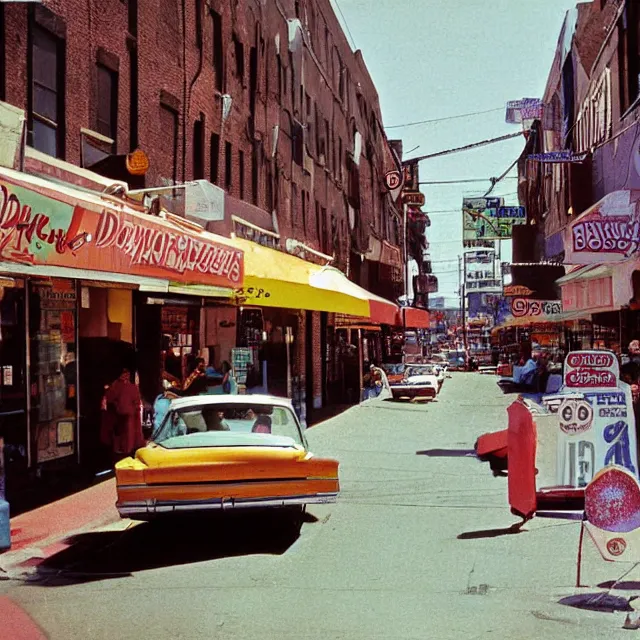 Prompt: kodachrome photograph of a city street with many donut shops, donut stores, 1 9 6 7 in the year 1 9 6 7, saturated photograph