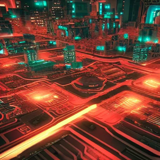 Prompt: photo of a futuristic city in a dystopian future made of electronic components and looks like a giant pcb board. Very detailed 8k. Unreal engine 5 render with nanite, global illumination and path tracing. Cinematic post processing. Emphasize on the colors red and black.