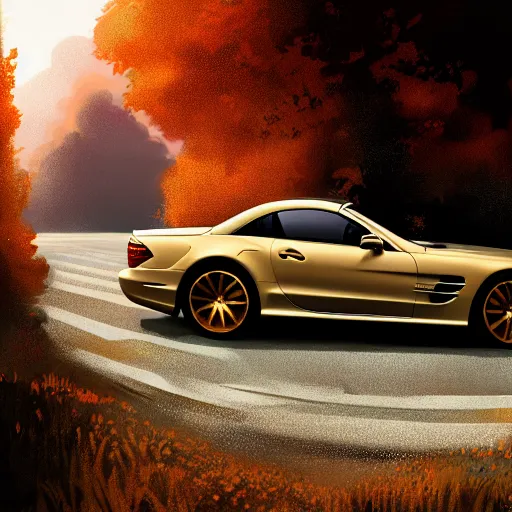 Prompt: detailed intricate digital illustration by greg rutkowski and artgerm and wlop and sanford robinson gifford ; steve jobs driving mercedes sl ; 1 3 mm film, arri alfa anamorphic lens ; sharp focus ; golden hour, trending on artstation 8 k