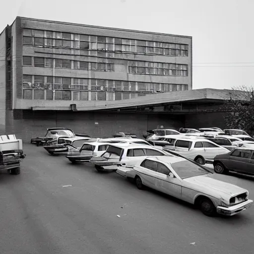 Prompt: photograph of brutalist soviet office building parking lot in sunshine giant squid attack