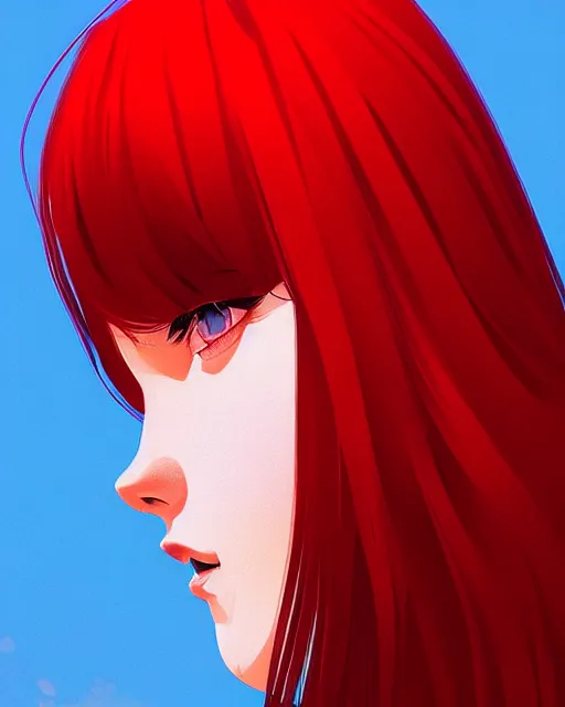 Image similar to a detailed portrait of a cute!!!! woman with red hair and freckles by ilya kuvshinov, digital art, dramatic lighting, dramatic angle