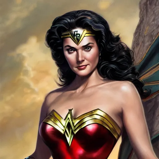 Image similar to a portrait of young Lynda Carter as Wonder woman , detailed, centered, digital painting, artstation, concept art, donato giancola, Joseph Christian Leyendecker, WLOP, Boris Vallejo, Breathtaking, 8k resolution, extremely detailed, beautiful, establishing shot, artistic, hyperrealistic, beautiful face, octane render