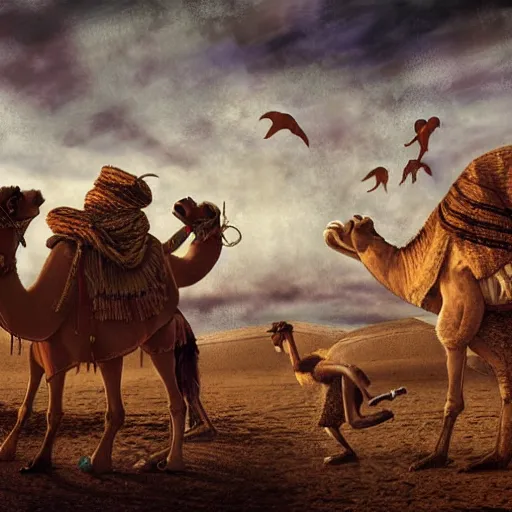 Prompt: Camels wrestling whilst pinocchio plays the accordion by james gurney, disney and Dan hillier, 8k, artstation