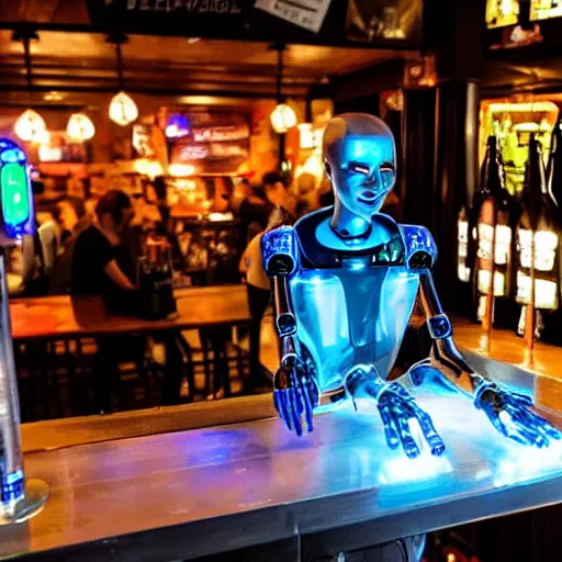 Prompt: humanoid robot bartender serving beer in a cyberpunk pub - 4