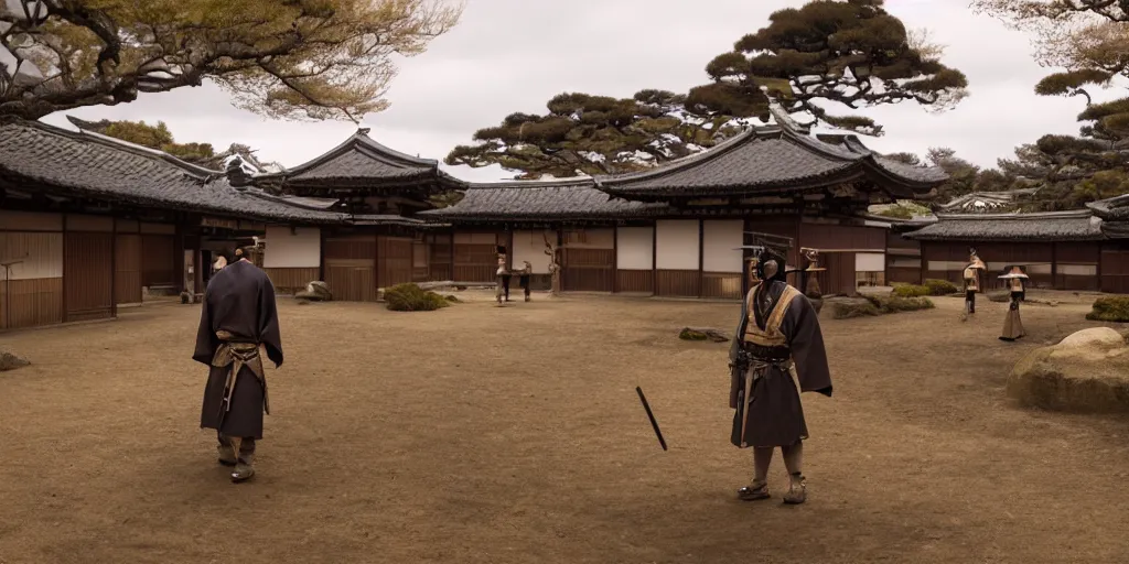 Image similar to a film still of a japanese samurai village in a japanese blockbuster film, landscape, shallow depth of field, cinematic, award winning cgi, vfx, film still