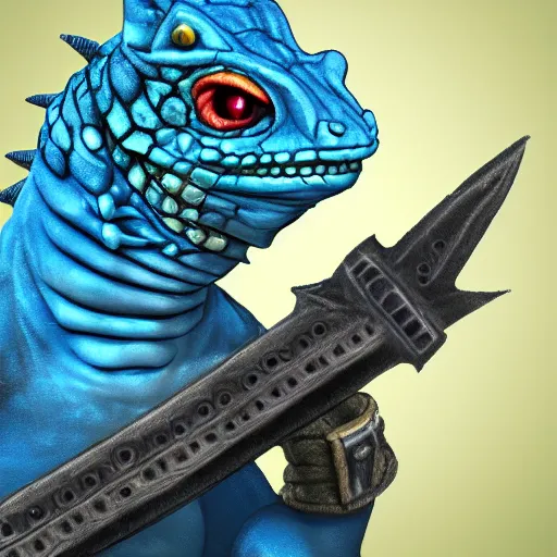 Image similar to a blue lizard warrior who is wearing a silly hat, highly detailed, fantasy, dnd, wearing armor, holding a sword