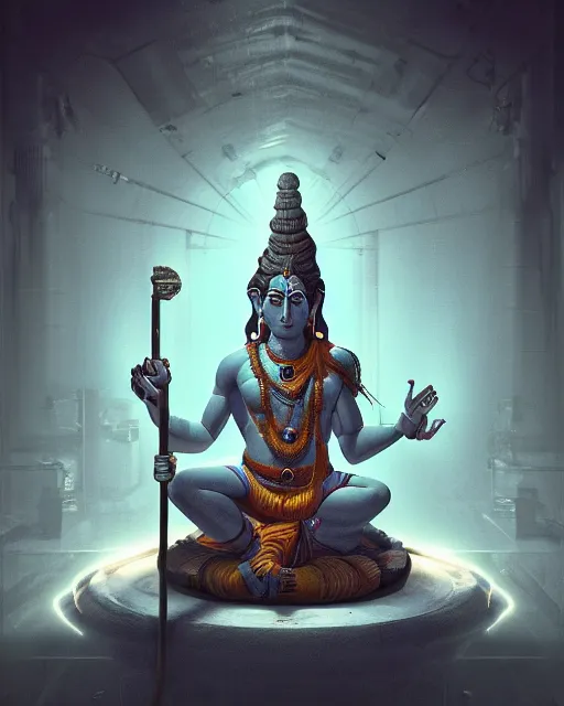 Prompt: a beautiful concept portrait art of ancient hindu god shiva in cern lab, atmospheric, highly detailed, digital painting, artstation, concept art, cinematic lighting, octane render