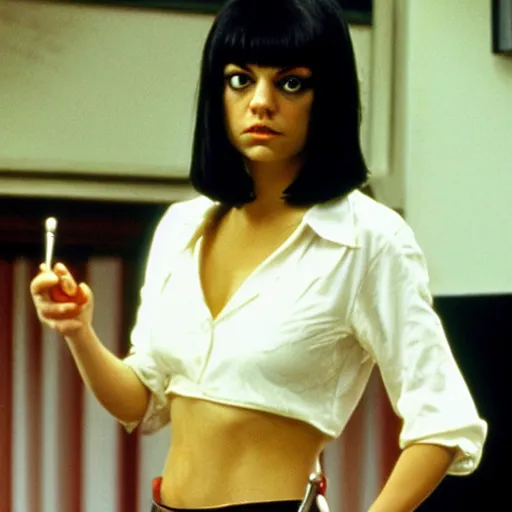 Prompt: Mila Kunis as Mia Wallace in Pulp Fiction