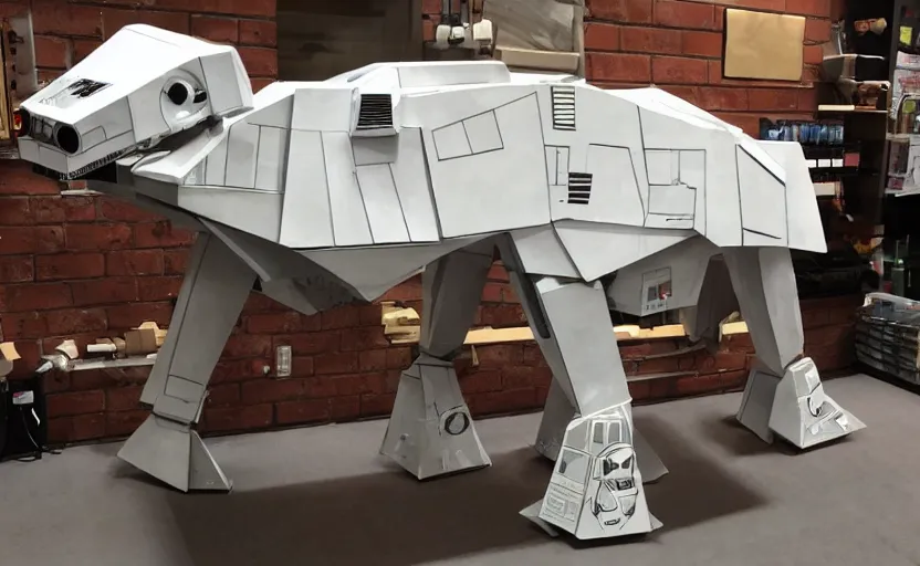 Image similar to a starwars at - at constructed from pizza