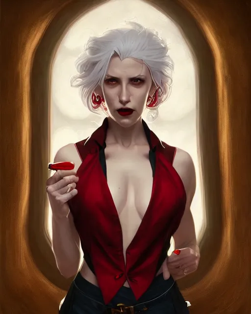 Image similar to female vampire, gold waistcoat, red shirt, grey hair, red necktie, cinematic, stunning, highly detailed, digital painting, artstation, smooth, hard focus, full body shot, illustration, art by artgerm and greg rutkowski and alphonse mucha