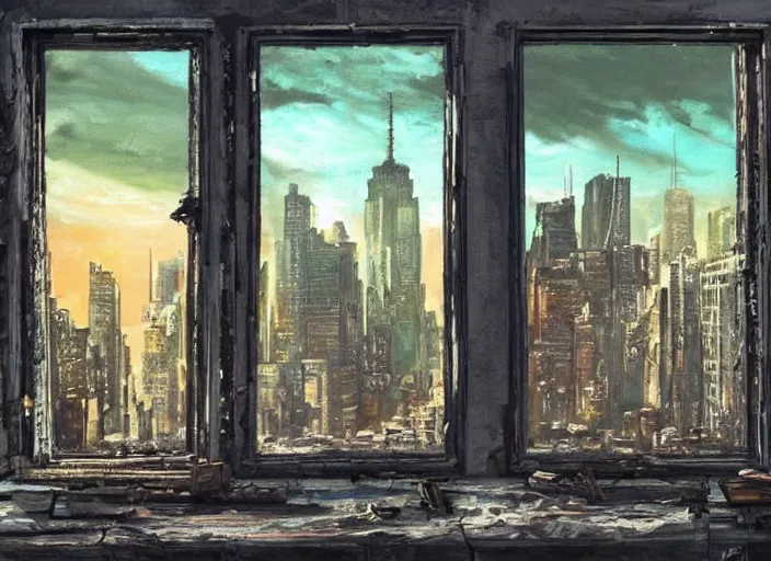 Image similar to seen through a window, decrepit new york, post apocalyptic cityscape after a nuclear war, beautiful radioactive sunset lighting, beautiful painting, fallout