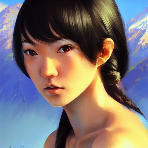 Image similar to oil painting by ilya kuvshinov,, baugh casey, artgerm craig mullins, sakimi, coby whitmore, of a youthful japanese girl, long hair, female warrior in the alps, highly detailed, otherworldly face, disney palace in background studio photography, noon, intense bounced light, water reflection, large tree casting shadow, by zack snyder