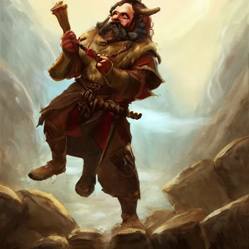 Prompt: a dnd dwarf riding a baguette, fantasy dnd painting, artstation,
