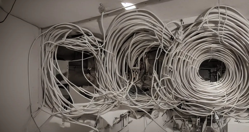 Prompt: a tangle of air ducts, cables and wiring in a small dysoptian flat, directed by terry gilliam