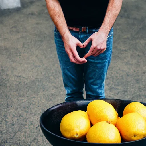 Prompt: man standing below bowl of lemons