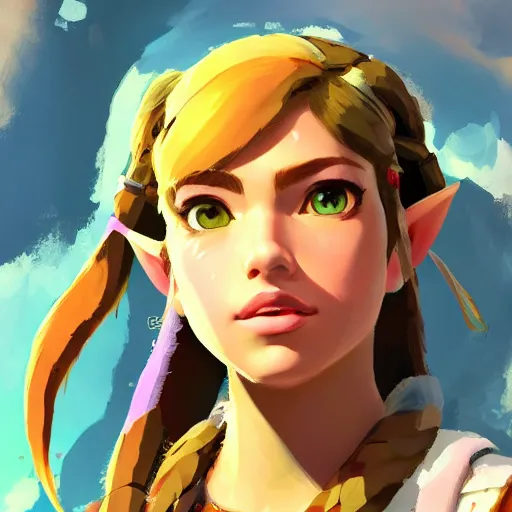 Image similar to Portrait of a beautiful young woman in the style of Breath of the Wild, studio lightning, bright colors, intricate, masterpiece, photorealistic, hiperrealistic, sharp focus, high contrast, Artstation HQ, 4k UHD, Unreal Engine 5