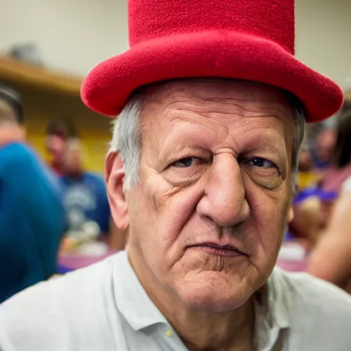 Image similar to wide angle portrait of werner herzog sitting alone in the waiting area of the dmv, wearing a party hat. wide shot, ansel adams, award winning, hyperrealistic, grand budapest hotel, studio lighting, very detailed face, chiaroscuro, film noir