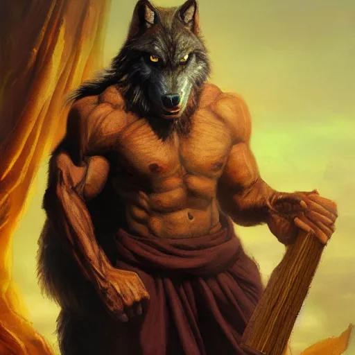 Prompt: wolf werewolf wolfman bodybuilder wearing a monk robes holding incense burner. natural lighting by ruan jia, portrait