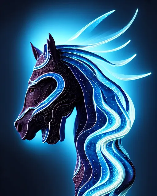 Image similar to 3 d ornate carved dark cosmic horse with profile portrait, sigma 5 0 0 mm f / 5. beautiful intricate highly detailed mongolian horse. bioluminescent, plasma, lava, ice, water, wind, creature, thunderstorm! artwork by tooth wu and wlop and beeple and greg rutkowski, 8 k trending on artstation