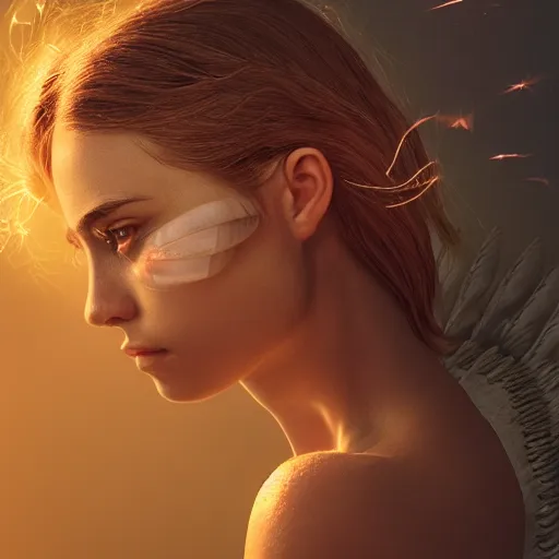 Image similar to portrait art of female angel by alessio albi 8 k ultra realistic, angel wings, lens flare, atmosphere, glow, detailed, intricate, full of colour, cinematic lighting, trending on artstation, 4 k, hyperrealistic, focused, extreme details, unreal engine 5, cinematic, masterpiece