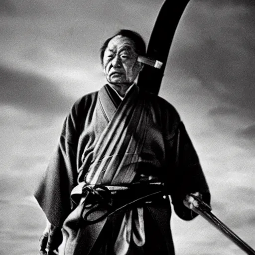 Prompt: Akira Kurosawa still photo of Samurai holding katana, 4k, cinematic light, perfect quality, high details, competition winning photography