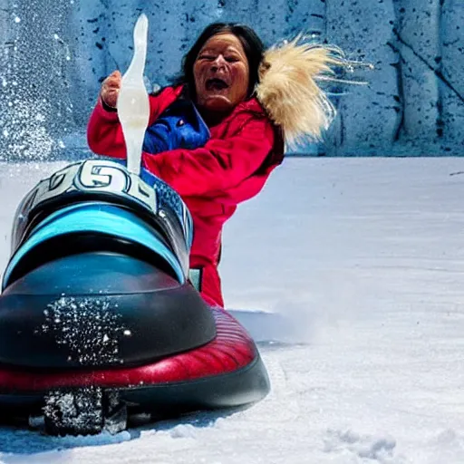 Image similar to sports illustrated photo, an elderly woman sliding wildly down an incredibly long ice luge on her back out of control at an incredibly high speed