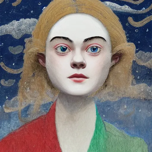 Image similar to professional painting of Elle Fanning in the style of Mordecai Ardon, head and shoulders portrait, symmetrical facial features, smooth, sharp focus, illustration, intricate, stormy weather, extremely detailed masterpiece,