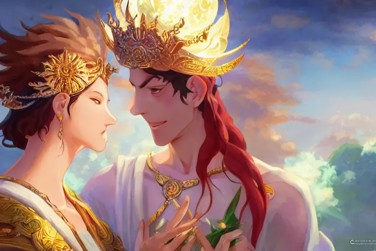 Image similar to close up moment of a divine a sun god and a moon goddess lovers magician at a wedding banquet, highly detailed, d & d, fantasy, 4 k realistic, digital painting, trending on artstation, concept art, sharp focus, illustration, art by makoto shinkai and akihiko yoshida and daniel gerhartz