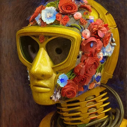 Prompt: a painting of a robot wearing a mask made of flowers, by annie swynnerton and diego rivera, symbolist, dramatic lighting, elaborate geometric ornament, art brut, soft cool colors, smooth, sharp focus, extremely detailed, adolf wolfli