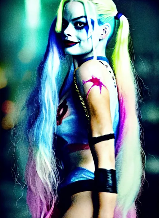 Image similar to 5 0 mm photo of beautiful suicide squad happy margot robbie with long white hair that looks like harley quinn standing on the wet street of dystopian gotham city at night, angry frown, seductive camisole, pinup, glamour fashion pose, watercolor, frank miller, moebius, jim lee, cinematic, ridley scott, lens flare, dramatic lighting, annie leibowitz