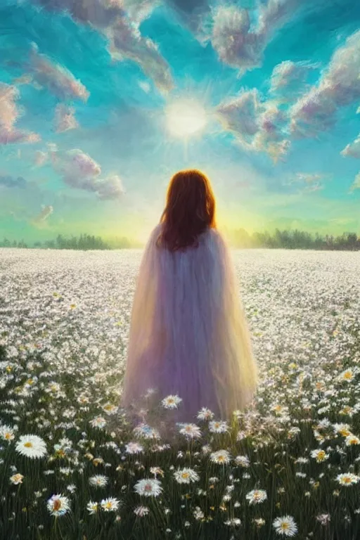 Image similar to giant white daisy flower veil, girl standing in a flower field, surreal photography, sunrise, dramatic light, impressionist painting, colorful clouds, digital painting, artstation, simon stalenhag