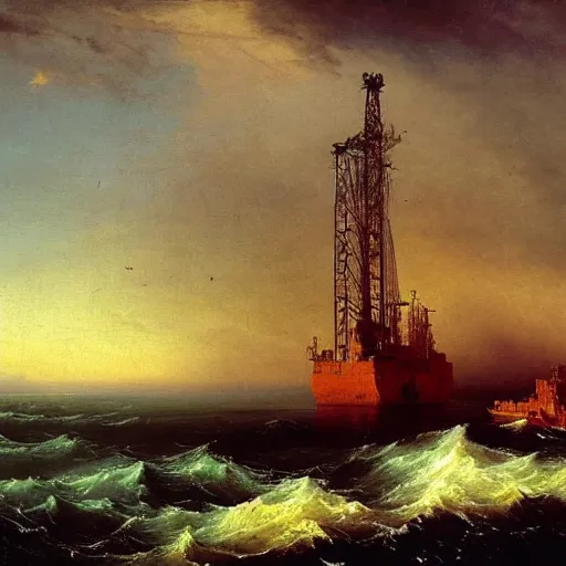 Prompt: post apocalyptic oil rig by aivazovsky, oil on canvas, highly detailed, masterpiece painting