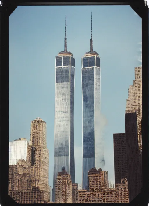 Prompt: 1 9 9 0 s polaroid of the twin towers wtc, as plane flies overhead