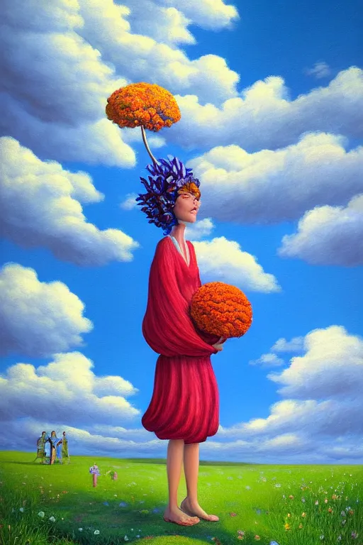 Image similar to closeup, giant carnation flower head, woman in suit, clouds in sky, surreal, impressionist painting, digital painting, artstation, rob gonsalves