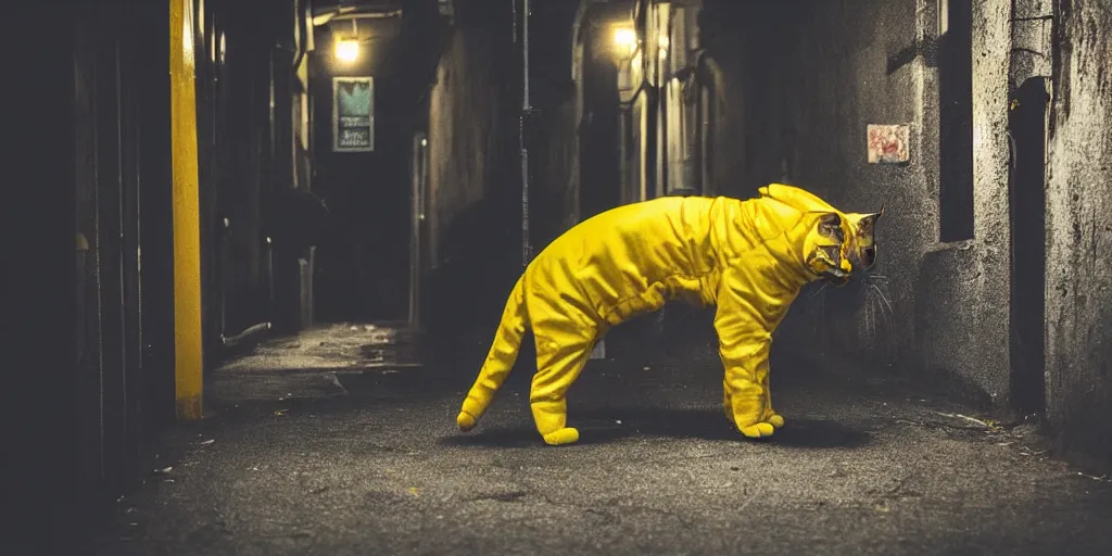 Prompt: a big black cat standing on the back paws and wearing yellow raincoat, cat is standing in the dark corner of a small badly lit street of a cyberpunk city