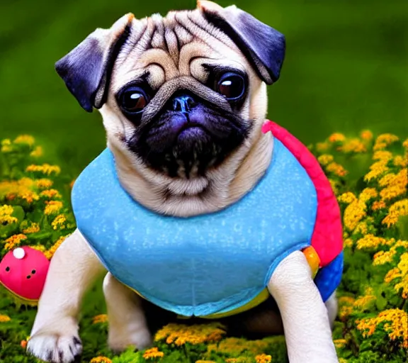 Prompt: a cute pug wearing a cute turtle outfit, digital art, colourful