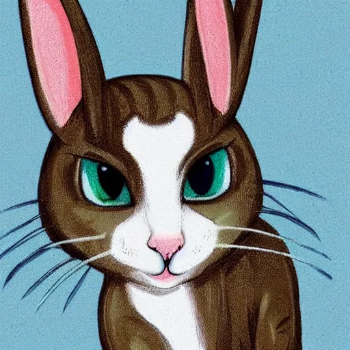 Image similar to a cute mix between a rabbit and a cat, beige, big green eyes, cute, concept art style