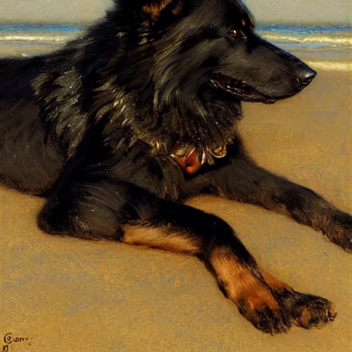 Image similar to a portrait of a black german shepard dogman canine lying at the beach in a swimsuit. highly detailed painting by gaston bussiere craig mullins jc