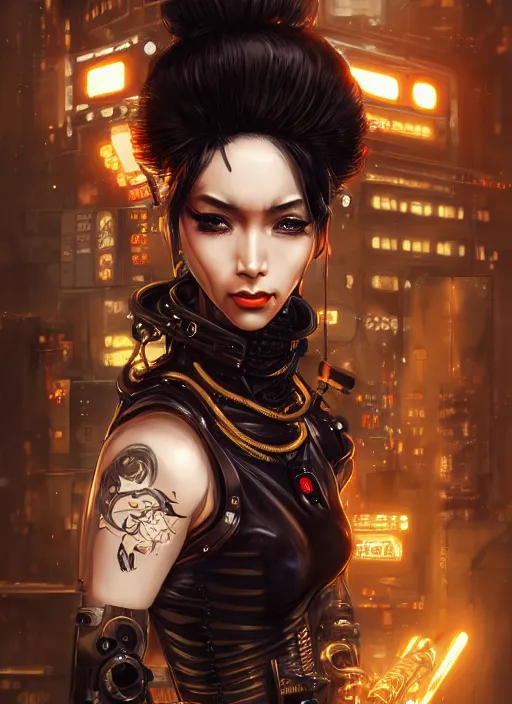 Image similar to soft lustrous ebony geisha seductive raver gutter punk steampunk cyborg, yakuza, golden ratio, details, scifi, fantasy, cyberpunk city, intricate, decadent, highly detailed, octane render, digital painting, artstation, concept art, sharp focus, illustration, art by artgerm, loish, wlop