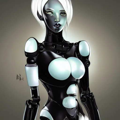 Image similar to beautiful image of a android robot girl with black glossy skin drawn by kawacy, artstation, high quality, highly detailed