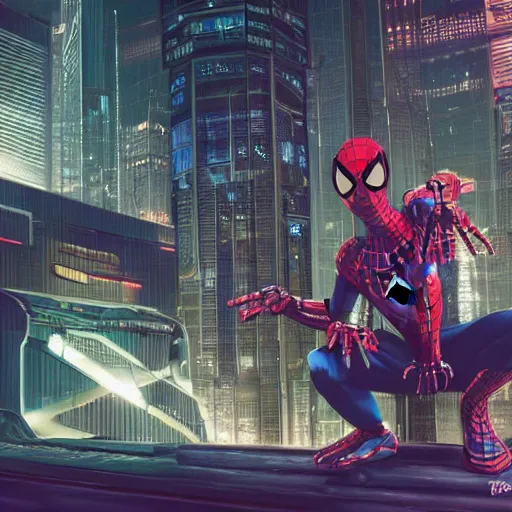 Image similar to cyberpunk spiderman robot ninja illumination ray tracing hdr fanart arstation by sung choi and eric pfeiffer and gabriel garza and casper konefal