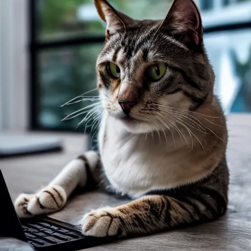 Prompt: strong muscular cat typing at the laptop giga chad cat